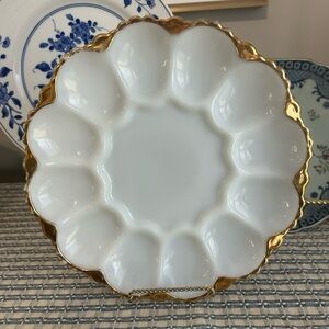 Vintage Anchor Hocking Gold Rim Milk Glass Egg Plate